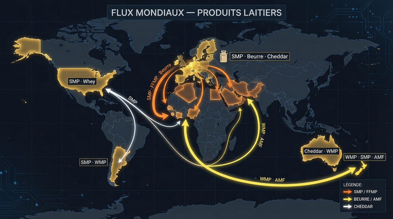 Carte des flux mondiaux de produits laitiers SMP FFMP Beurre Cheddar vers l'Afrique