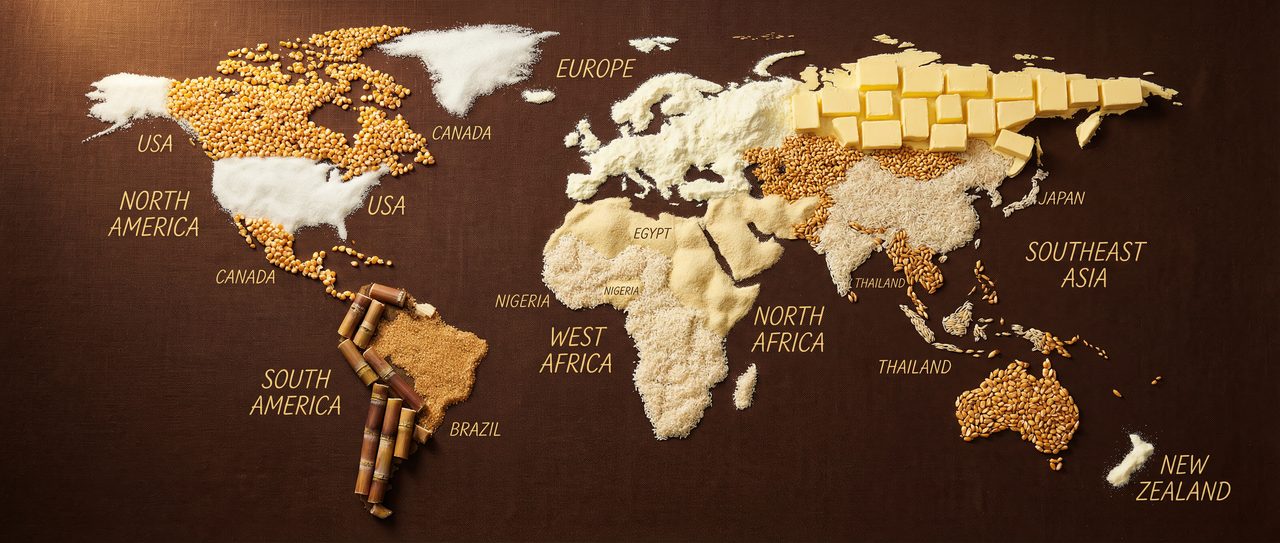 Carte mondiale des commodités agricoles RS Trade - lait en poudre, beurre, sucre, riz par région